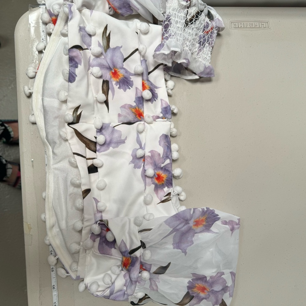 Skirt Set Floral pom pom trim Bodice off shoulder sheer sleeve crop top purple - Picture 13 of 15